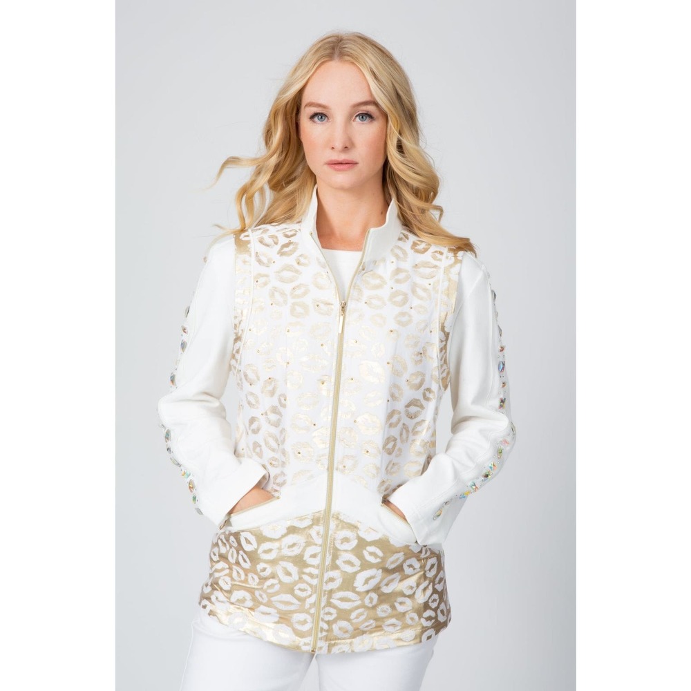 Berek Women's White Vest Size M Zip Up Gold Kisses Lips Print Zipper Pockets NWT